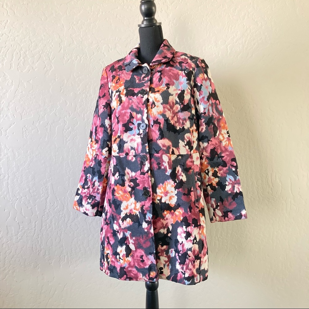 Chicos Floral Button Down Top Coat w/ Pockets / Size 12